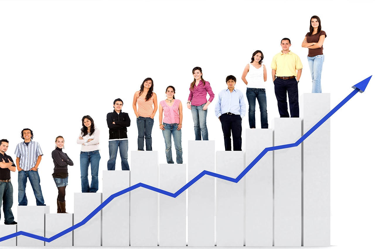 An image of a finance team on a bar graph to represent rising wage levels