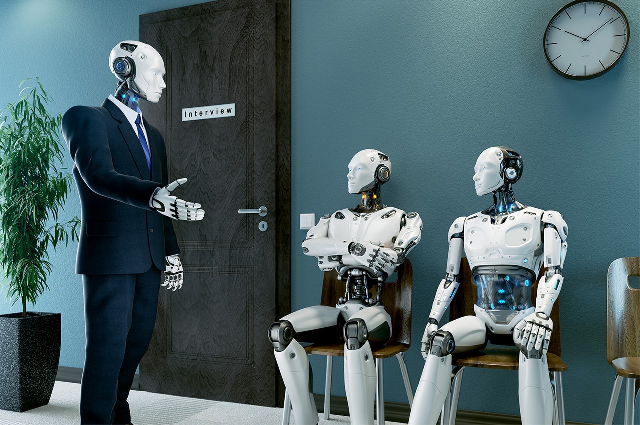 The concept of AI being used in recruitment demonstrated by robots interviewing robots