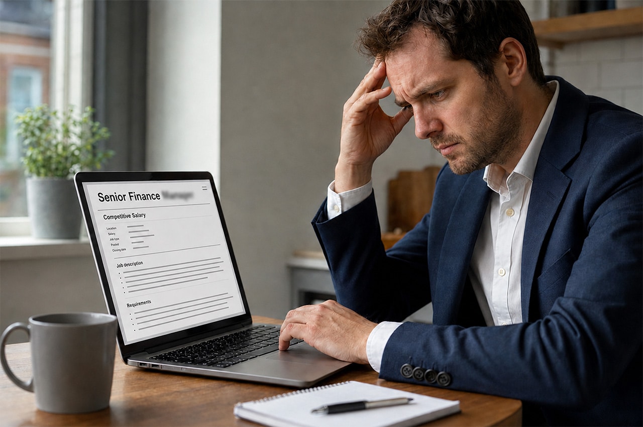 A frustrated job seeker looks a competitive salary posting